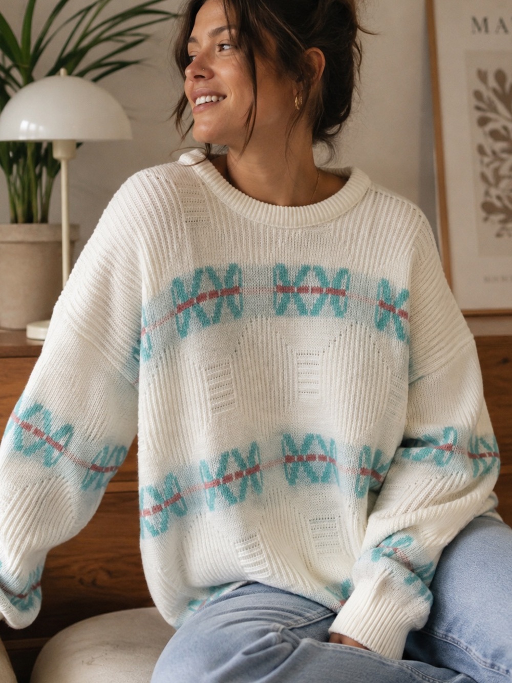 Women's White and Teal Patterned Sweater